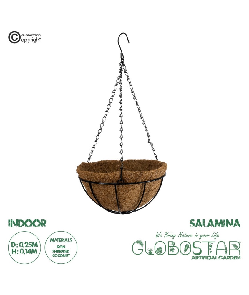 GloboStar® Artificial Garden SALAMINA 20560 Κρεμαστό Διακοσμητικό Κασπώ Γλάστρα - Flower Pot από Φλοιό Καρύδας Καφέ με Μαύρη Μεταλλική Βάση Φ25 x Υ14cm